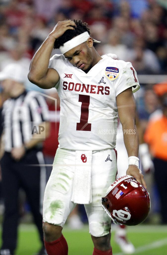 Lynne Sladky Oklahoma quarterback Kyler Murray (1) walks off the field after his helmet came off on a play, during the second half of the Orange Bowl NCAA college football game against Alabama, Saturday, Dec. 29, 2018, in Miami Gardens, Fla. (AP Photo/Lynne Sladky)