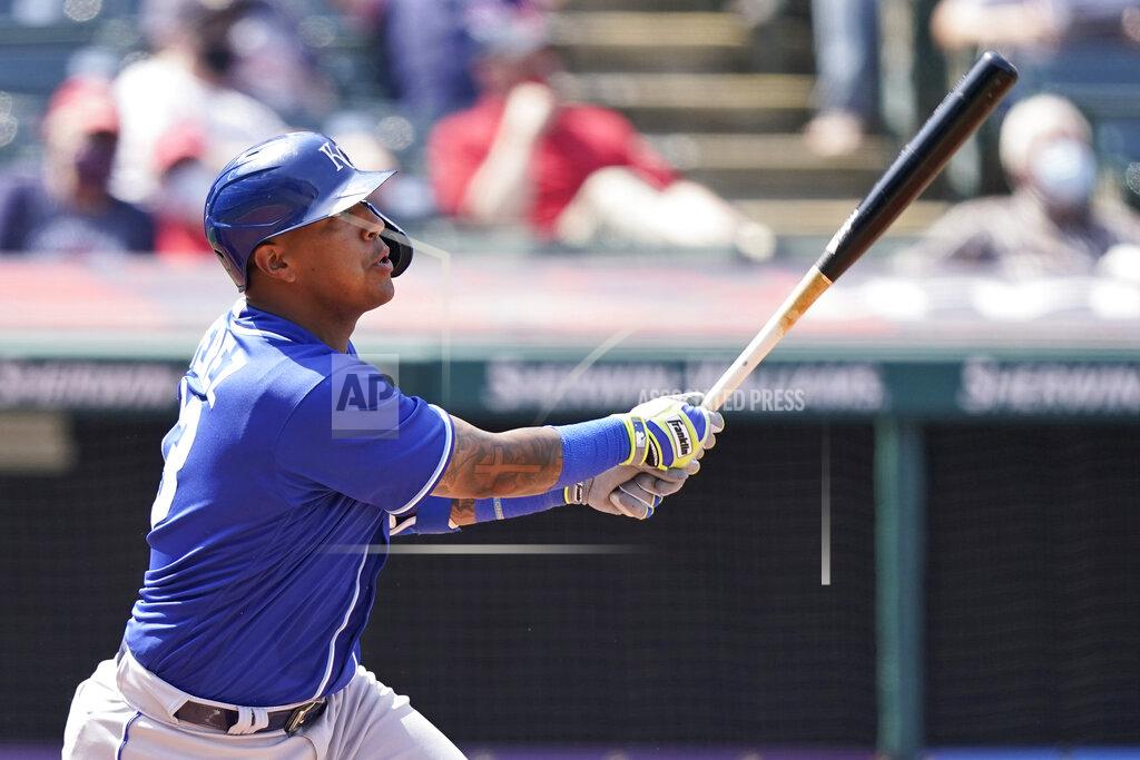 Tony Dejak Kansas City Royals' Salvador Perez watches his ball after hitting a solo home run off Cleveland Indians starting pitcher Shane Bieber in the fourth inning of a baseball game, Wednesday, April 7, 2021, in Cleveland. (AP Photo/Tony Dejak)