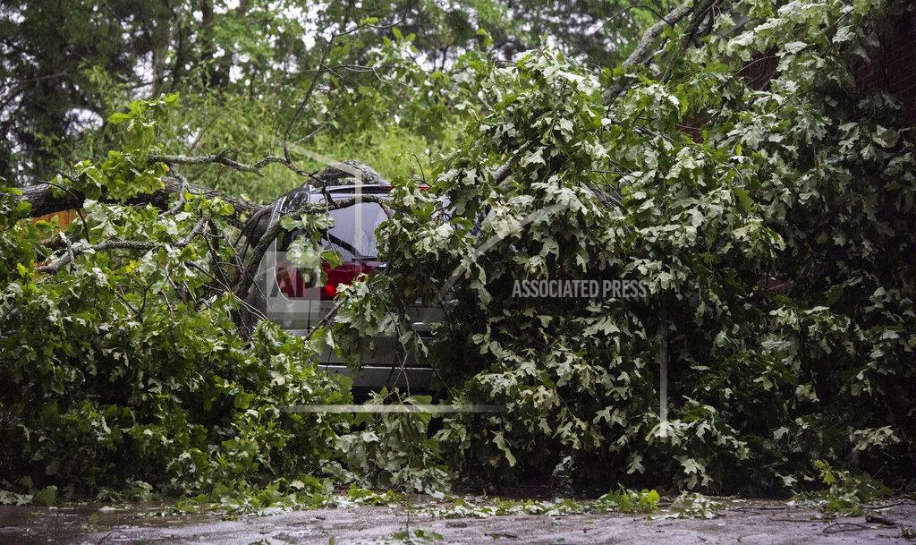 Barbara Gauntt A car is buried under the branches of a tree in the driveway of a Madison, Miss., home after severe weather moved through the Jackson, Miss., metro area Tuesday afternoon, May 4, 2021. (Barbara Gauntt/The Clarion-Ledger via AP)
