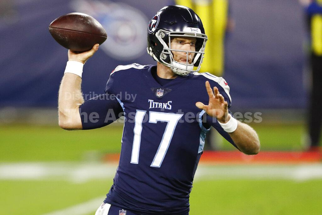 Tennessee Titans quarterback Ryan Tannehill (17) passes against the Indianapolis Colts in the first half of an NFL football game Thursday, Nov. 12, 2020, in Nashville, Tenn. (AP Photo/Wade Payne)