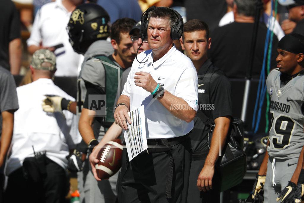 Colorado head coach Mike MacIntyre looks on in the first half of an NCAA college football game against New Hampshire, Saturday, Sept. 15, 2018, in Boulder, Colo. (AP Photo/David Zalubowski)