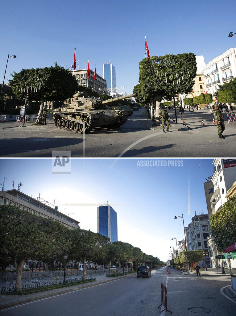 Uncredited A combo image showing a tank guarding the center of Tunis, Sunday, Jan. 16. 2011, top, and an empty street near Tunis' landmark Avenue Habib Bourgiba, on the tenth anniversary of the uprising, due to a national lockdown after a surge in COVID-19 cases, in Tunis, Thursday, Jan. 14, 2021. Tunisia is commemorating the 10th anniversary since the flight into exile of its iron-fisted leader, Zine El Abidine Ben Ali, pushed from power in a popular revolt that foreshadowed the so-called Arab Spring. But there will be no festive celebrations Thursday marking the revolution in this North African nation, ordered into lockdown to contain the coronavirus. (AP Photo/Christophe Ena, Mosa'ab Elshamy)