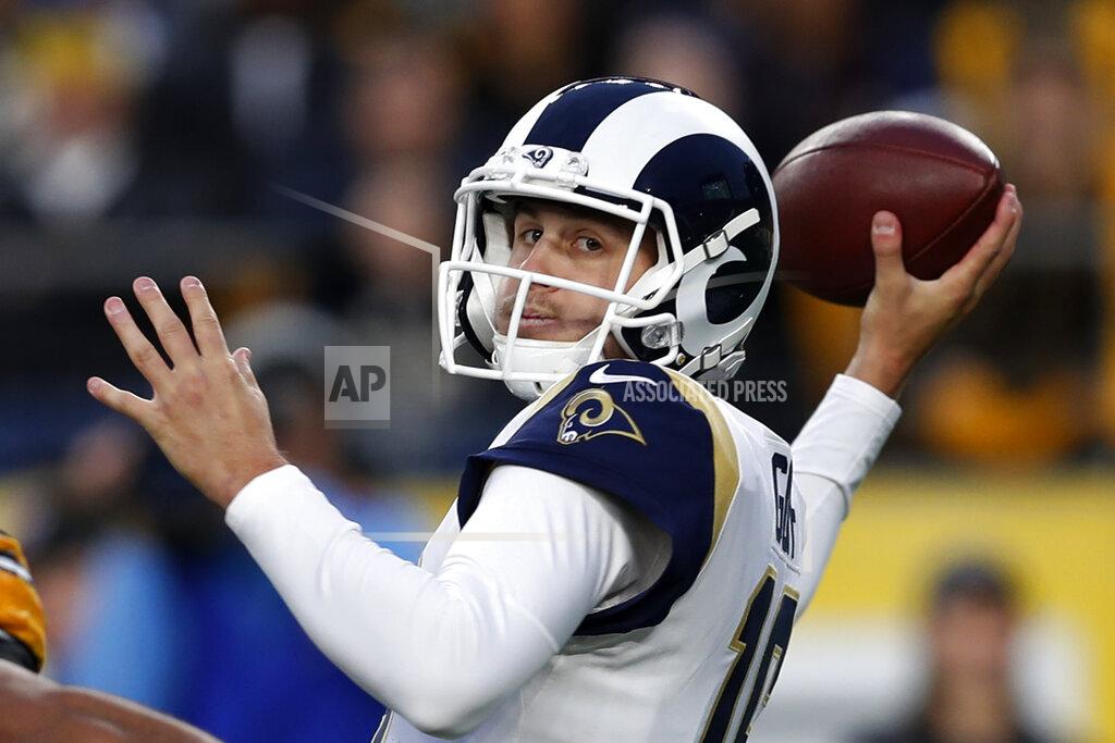 Keith Srakocic Los Angeles Rams quarterback Jared Goff looks to throw a pass during the first half of an NFL football game against the Pittsburgh Steelers in Pittsburgh, Sunday, Nov. 10, 2019. (AP Photo/Keith Srakocic)