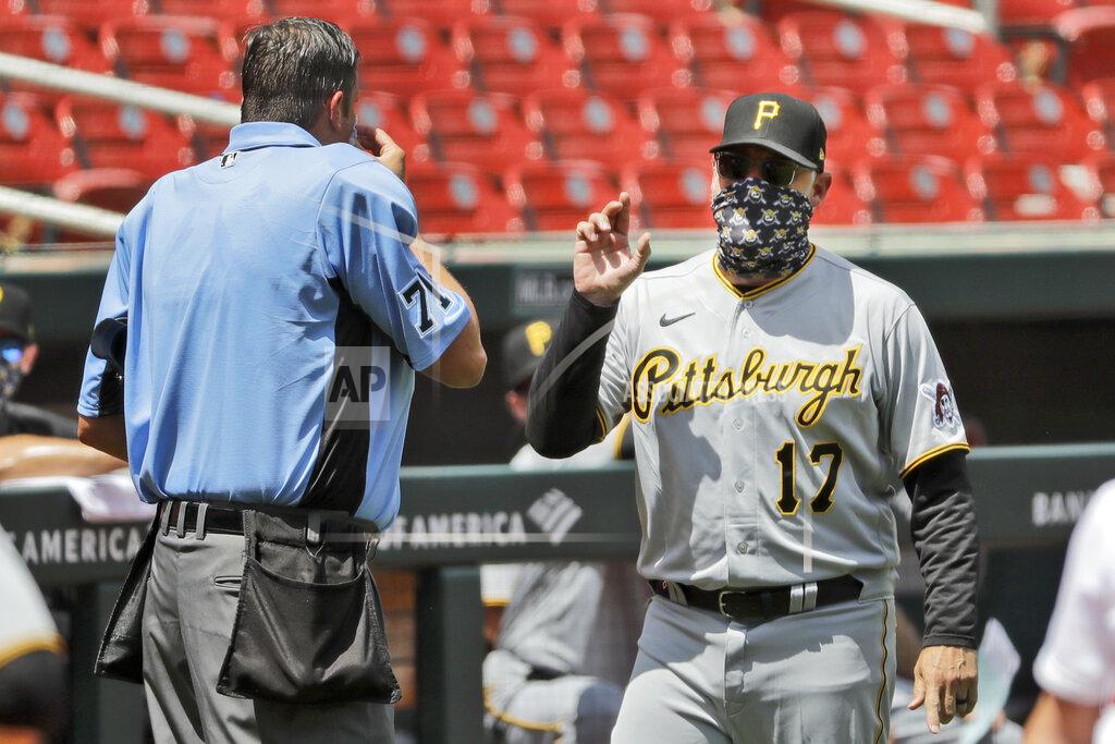 Jeff Roberson Pittsburgh Pirates manager Derek Shelton (17) argues with home plate umpire Jordan Baker during the third inning of a baseball game against the St. Louis Cardinals Sunday, July 26, 2020, in St. Louis. (AP Photo/Jeff Roberson)