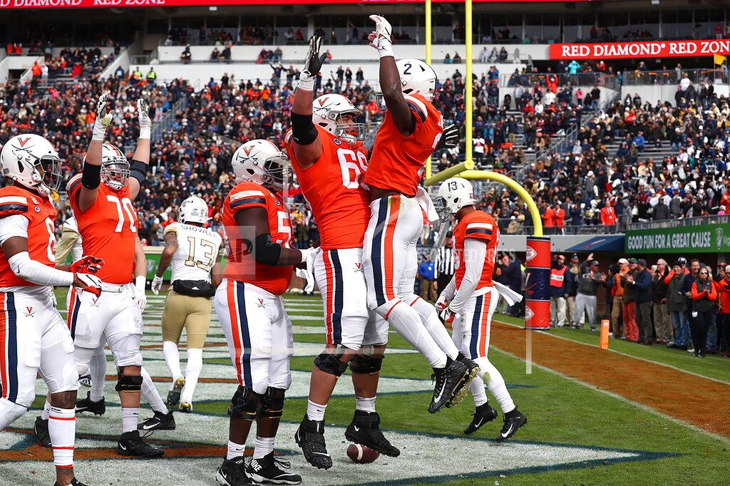 Erin Edgerton Virginia celebrates a touchdown against Georgia Tech during an NCAA college football game, Saturday, Nov. 9, 2019, in Charlottesville, Va. (Erin Edgerton/The Daily Progress via AP)