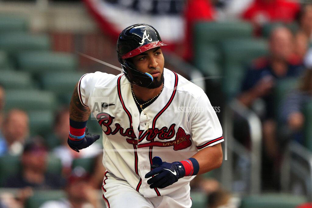 Butch Dill Atlanta Braves' Eddie Rosario runs to first on a hit during the third inning of a baseball game against the St. Louis Cardinals, Monday, July 4, 2022, in Atlanta. (AP Photo/Butch Dill)