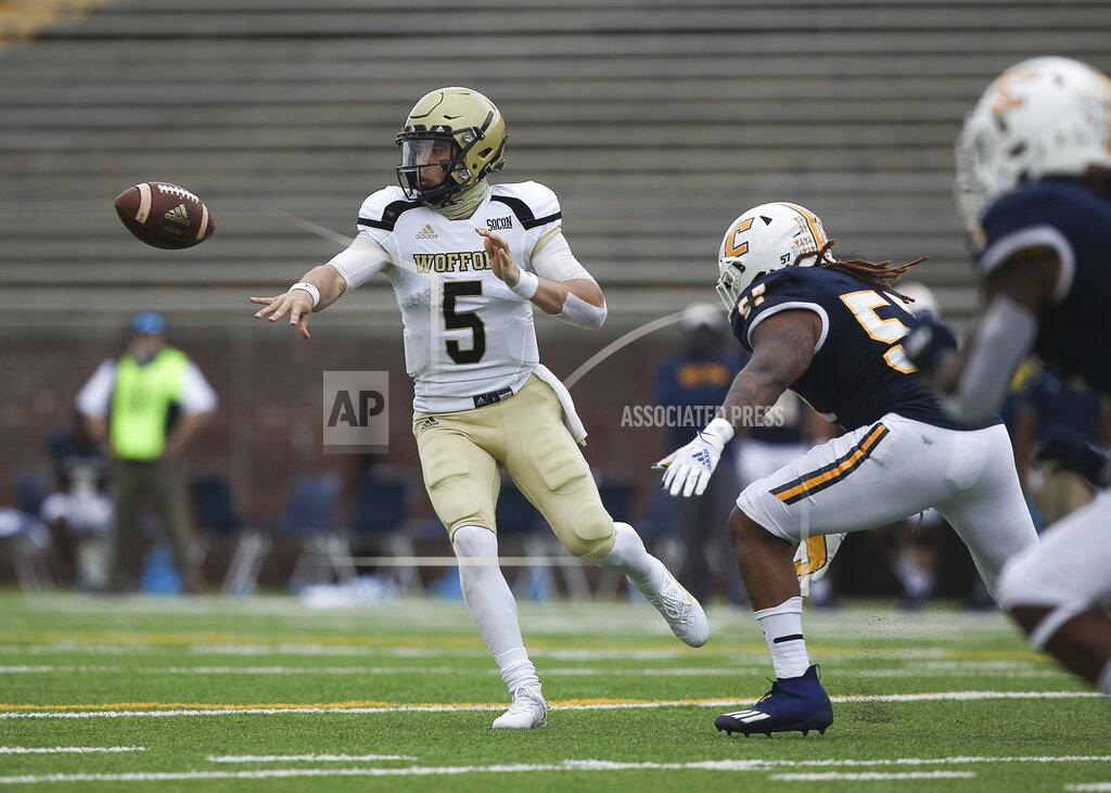 Wofford Terriers quarterback Jimmy Weirick (5) pitches the football during the football game between UTC and the Wofford Terriers at Finley Stadium on Saturday, Feb. 27, 2021 in Chattanooga, Tenn.(Troy Stolt/Chattanooga Times Free Press via AP)