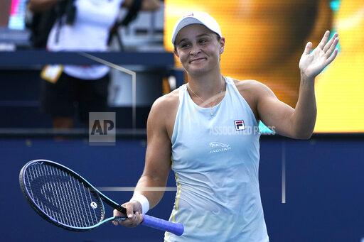 Lynne Sladky Ashleigh Barty, of Australia waves after defeating Elina Svitolina, of Ukraine, during the semifinals of the Miami Open tennis tournament Thursday, April 1, 2021, in Miami Gardens, Fla. Barty won 6-3, 6-3. (AP Photo/Lynne Sladky)