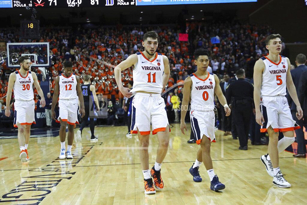 Zack Wajsgras Virginia players leave the court after losing 81-71 to Duke during an NCAA college basketball game Saturday, Feb. 9, 2019, in Charlottesville, Va. (AP Photo/Zack Wajsgras)