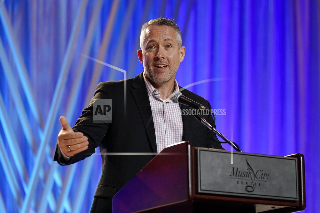 Mark Humphrey Southern Baptist Convention President J.D. Greear speaks during the executive committee plenary session at the annual Southern Baptist Convention meeting Monday, June 14, 2021, in Nashville, Tenn. (AP Photo/Mark Humphrey)