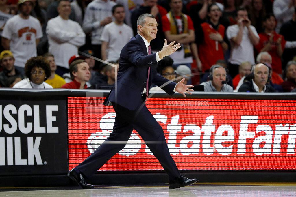 Julio Cortez Maryland head coach Mark Turgeon reacts during the first half of an NCAA college basketball game against Northwestern, Tuesday, Feb. 18, 2020, in College Park, Md. (AP Photo/Julio Cortez)