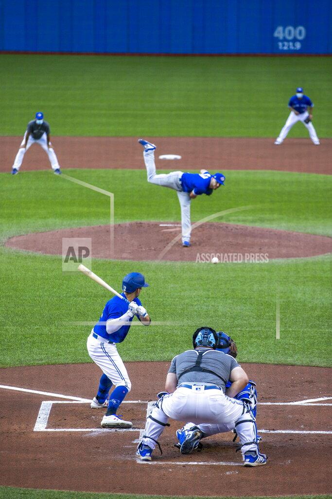 Carlos Osorio Toronto Blue Jays' Kevin Smith waits for a pitch from Julian Merryweather during an intrasquad baseball game in Toronto on Thursday, July 9, 2020. (Carlos Osorio/The Canadian Press via AP)