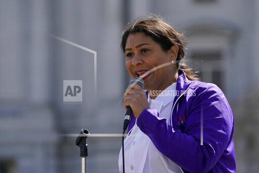 FILE - In this March 13, 2021, file photo, San Francisco Mayor London Breed speaks at a rally in San Francisco. Anyone with information leading to the arrest and conviction of auto burglary ringleaders could receive a cash reward of up to $100,000, San Francisco's mayor announced Tuesday, Oct. 19, 2021, in yet another push to battle crime in a city marked by highly visible vehicular smash and grabs, home break-ins and retail theft. (AP Photo/Jeff Chiu, File)