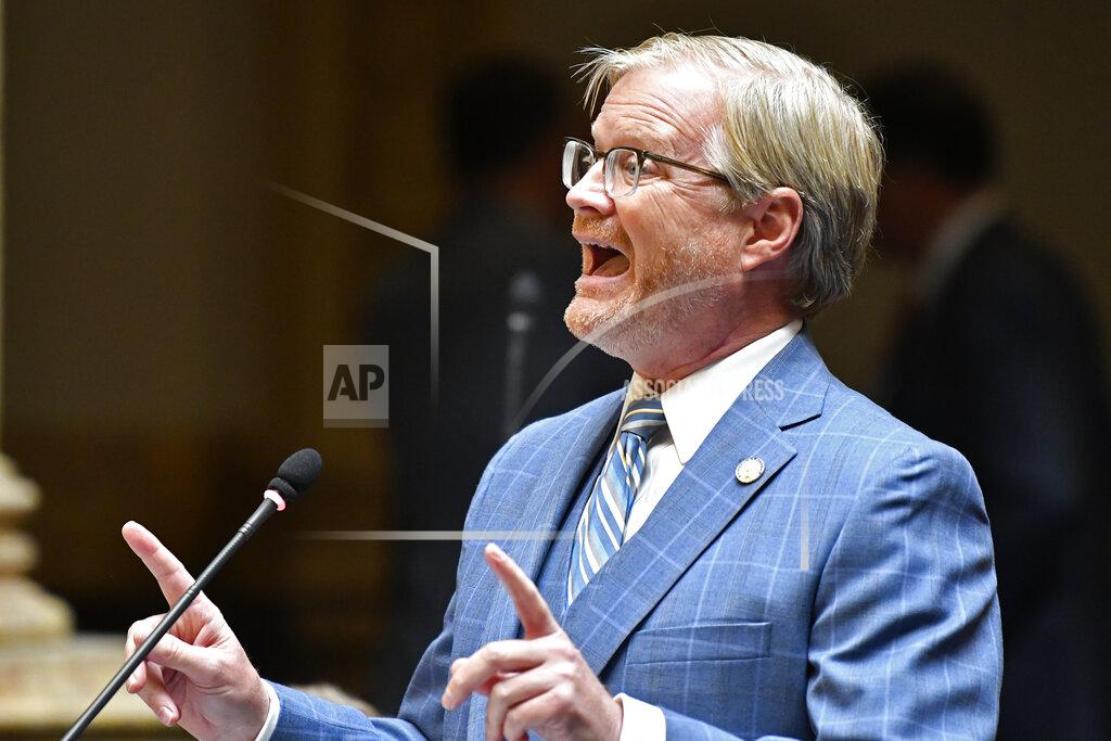 Timothy D. Easley Kentucky Sen. Damon Thayer addresses the his fellow Senate members during the opening day of the Kentucky State Legislature special session in Frankfort, Ky., Tuesday, Sept. 7, 2021. (AP Photo/Timothy D. Easley)