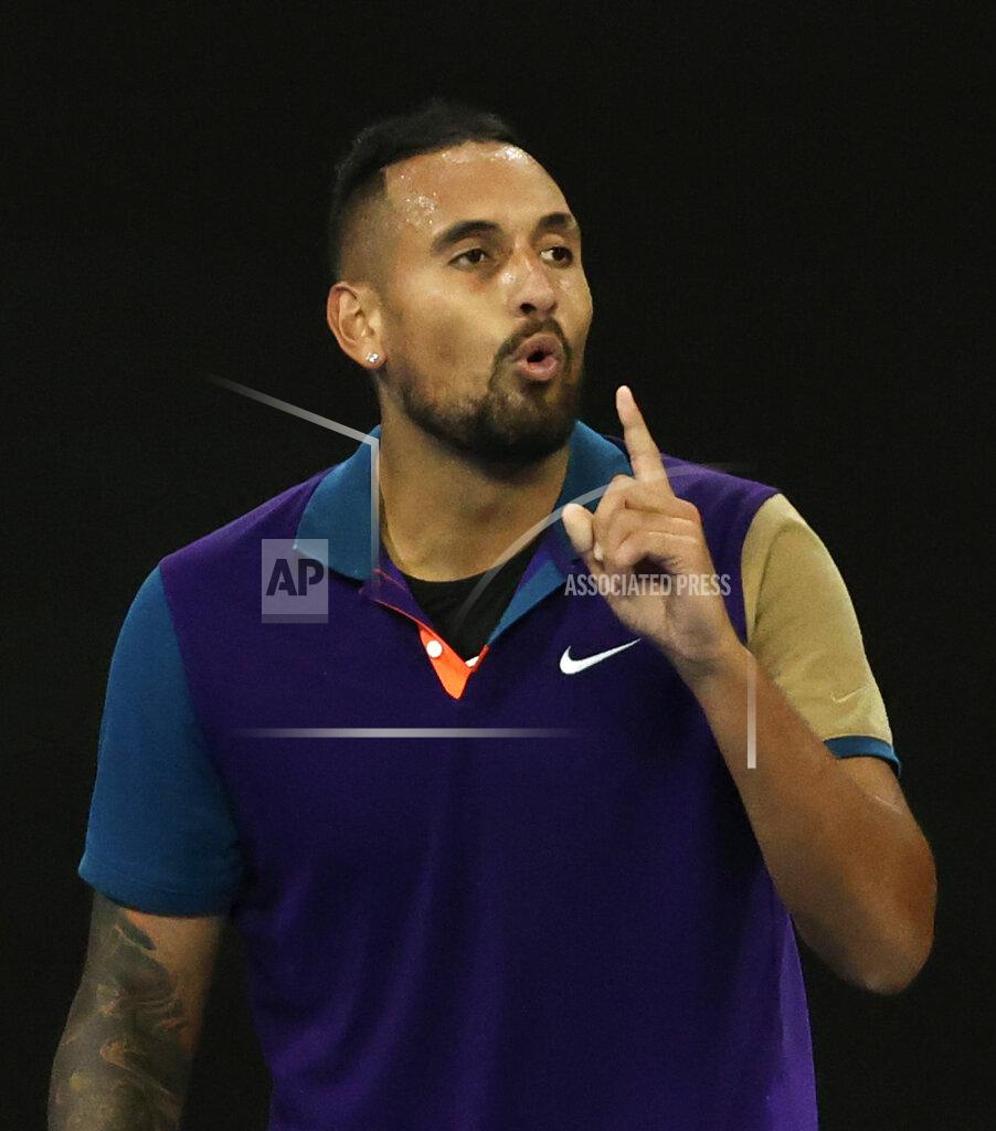 Hamish Blair Australia's Nick Kyrgios celebrates during his third round match against Austria's Dominic Thiem at the Australian Open tennis championship in Melbourne, Australia, Friday, Feb. 12, 2021.(AP Photo/Hamish Blair)