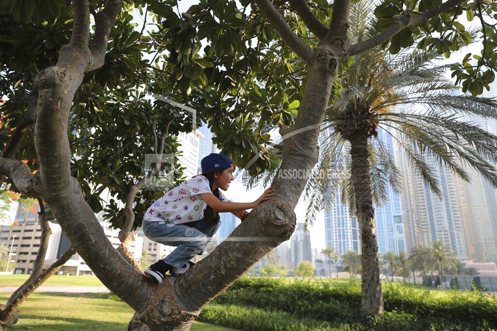 Kamran Jebreili Michelle Rasul climbs a tree at a park near her house in Dubai, United Arab Emirates, Sunday, May 9, 2021. Rasul, a 9-year-old girl from Azerbaijan who lives in Dubai, is scratching her way to the top as a DJ after competing in the DMC World DJ Championship. (AP Photo/Kamran Jebreili)