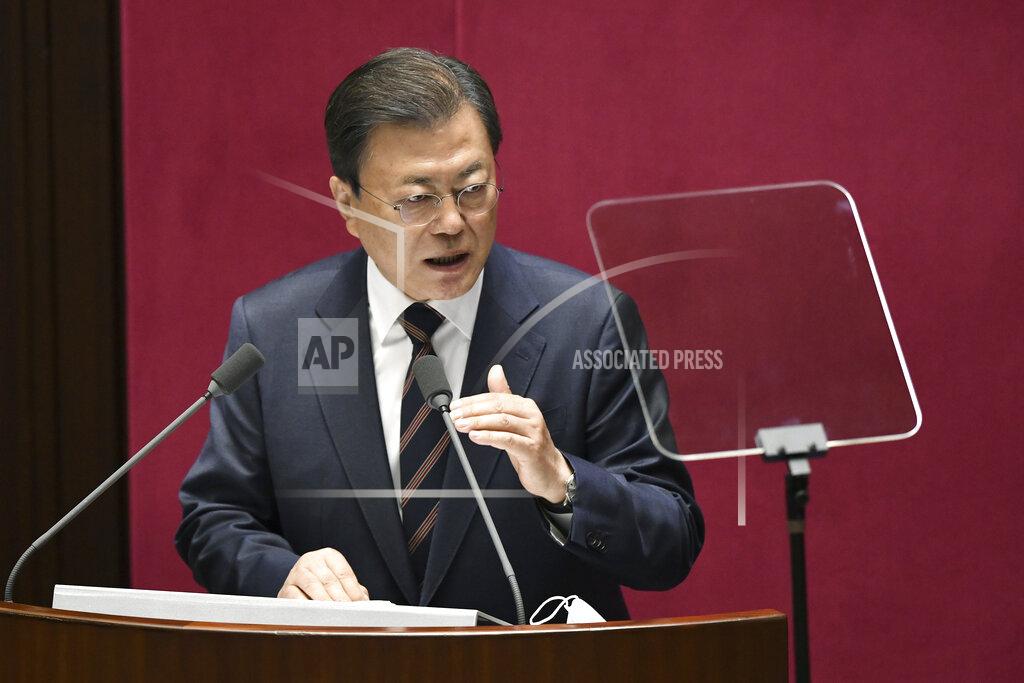 Jung Yeon-Je South Korea's President Moon Jae-in delivers a speech at the National Assembly in Seoul Monday, Oct. 25, 2021. Moon said Monday he’ll keep striving to promote peace with North Korea through dialogue until the end of his term next May, after Pyongyang raised animosities with a resumption of provocative weapons tests. (Jung Yeon-je/Pool Photo via AP)
