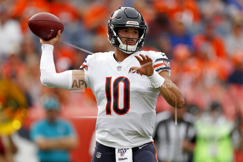 David Zalubowski Chicago Bears quarterback Mitchell Trubisky (10) throws against the Denver Broncos during the second half of an NFL football game, Sunday, Sept. 15, 2019, in Denver. (AP Photo/David Zalubowski)