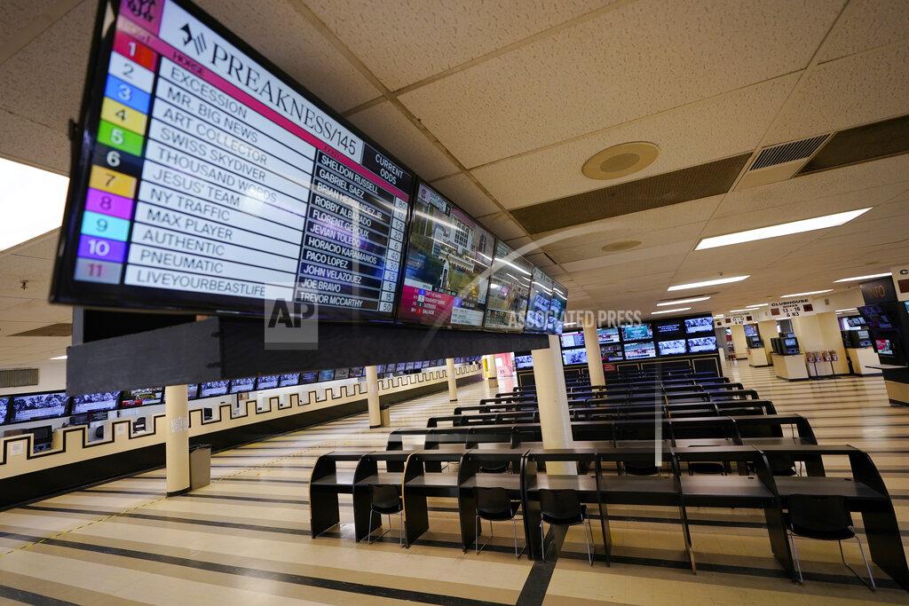 Steve Helber Betting tables are empty at Pimlico race track, Friday, Oct. 2, 2020, in Baltimore, Md., ahead Saturday's Black-Eyed Susan and Preakness Stakes races. (AP Photo/Steve Helber)