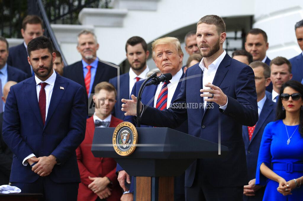 Manuel Balce Ceneta Red Sox pitcher Chris Sale, right, speaks during a ceremony welcoming the 2018 World Series baseball champions to the White House, the Boston Red Sox, Thursday, May 9, 2019, in Washington. Watching are President Donald Trump and Red Sox outfielder J. D. Martinez, left. (AP Photo/Manuel Balce Ceneta)