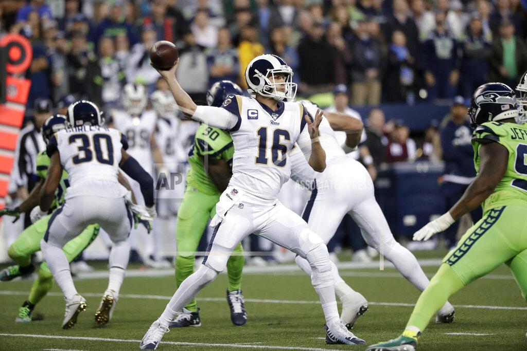 Elaine Thompson Los Angeles Rams quarterback Jared Goff throws a pass against the Seattle Seahawks during the first half of an NFL football game Thursday, Oct. 3, 2019, in Seattle. (AP Photo/Elaine Thompson)