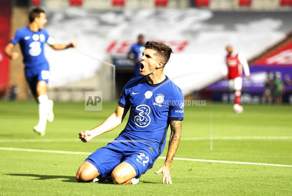 Adam Davy Chelsea's Christian Pulisic celebrates after scoring the opening goal during the FA Cup final soccer match between Arsenal and Chelsea at Wembley stadium in London, England, Saturday, Aug. 1, 2020. (Adam Davy/Pool via AP)