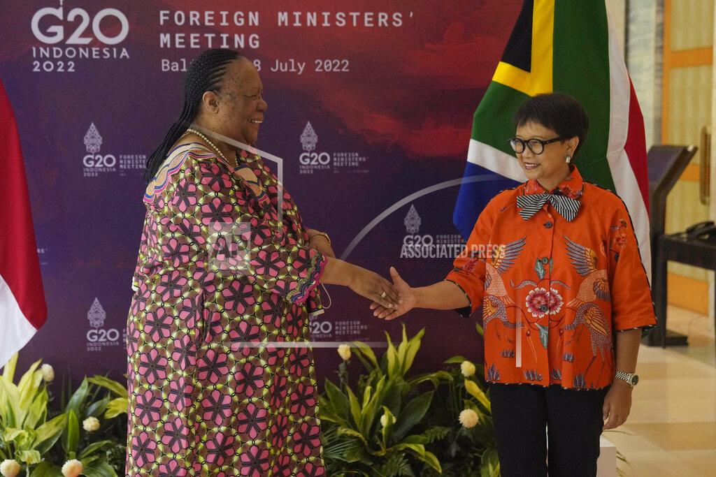 Dita Alangkara Indonesian Foreign Minister Retno Marsudi, right, greets South African Minister of International Relations and Cooperation Naledi Pandor during their bilateral meeting ahead of the G20 Foreign Ministers' Meeting in Nusa Dua, Bali, Indonesia, Thursday, July 7, 2022. (AP Photo/Dita Alangkara, Pool)