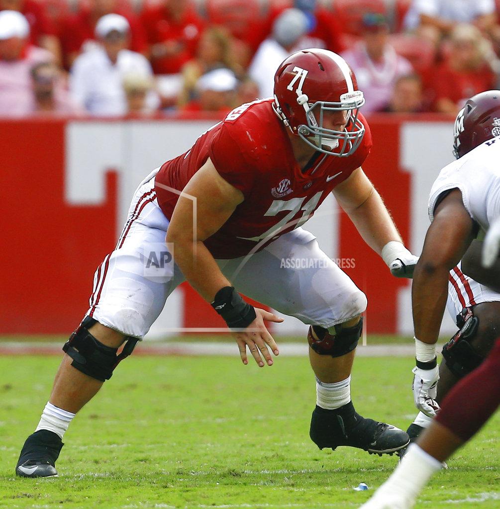 Butch Dill FILE - In this Sept. 22, 2018, file photo, Alabama offensive lineman Ross Pierschbacher (71) blocks out against Texas A&M during the second half of an NCAA college football game, in Tuscaloosa, Ala. Pierschbacher was named to The Associated Press Midseason All-America team, Tuesday, Oct. 16, 2018.(AP Photo/Butch Dill, File)