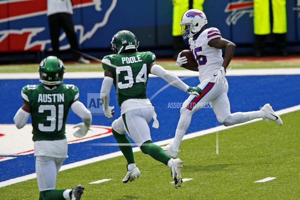 Jeffrey T. Barnes Buffalo Bills wide receiver John Brown, right, scores after taking a pass from quarterback Josh Allen during the first half of an NFL football game against the New York Jets in Orchard Park, N.Y., Sunday, Sept. 13, 2020. (AP Photo/Jeffrey T. Barnes)