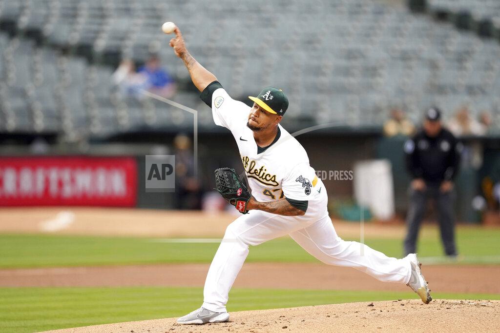 Darren Yamashita Oakland Athletics starting pitcher Frankie Montas (47) throws to a Texas Rangers batter during the first inning of a baseball game Thursday, May 26, 2022, in Oakland, Calif. (AP Photo/Darren Yamashita)