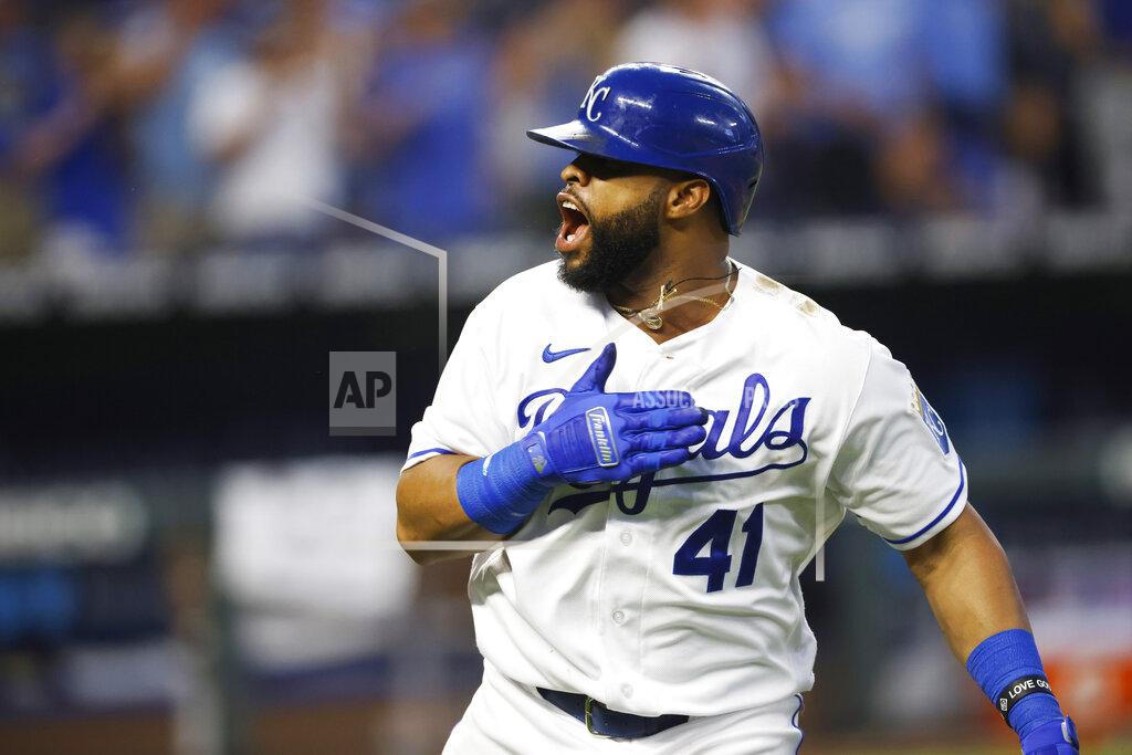 Colin E. Braley Kansas City Royals' Carlos Santana reacts toward his team's dugout after hitting a go-ahead three-run home run in the seventh inning of a baseball game against the Detroit Tigers at Kauffman Stadium in Kansas City, Mo., Saturday, July 24, 2021. (AP Photo/Colin E. Braley)
