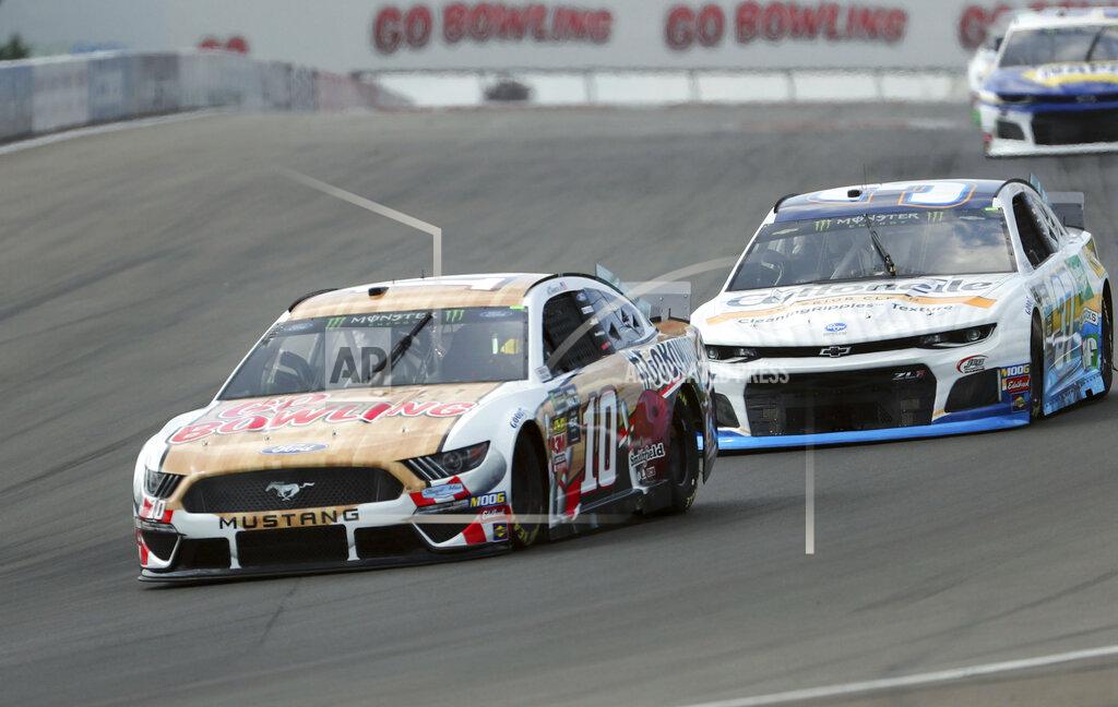 John Munson Aric Almirola (10) heads into turn one during a practice run for the NASCAR Cup Series auto race at Watkins Glen International, Saturday, Aug. 3, 2019, in Watkins Glen, N.Y. (AP Photo/John Munson)