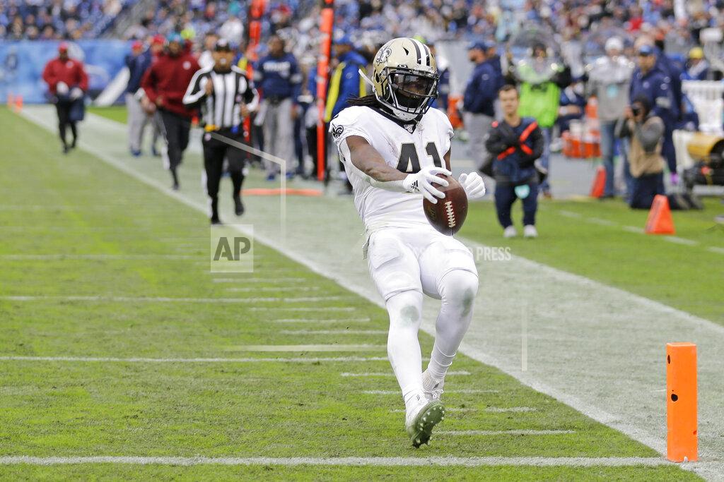 James Kenney New Orleans Saints running back Alvin Kamara (41) scores a touchdown on a 40-yard run against the Tennessee Titans in the second half of an NFL football game Sunday, Dec. 22, 2019, in Nashville, Tenn. (AP Photo/James Kenney)