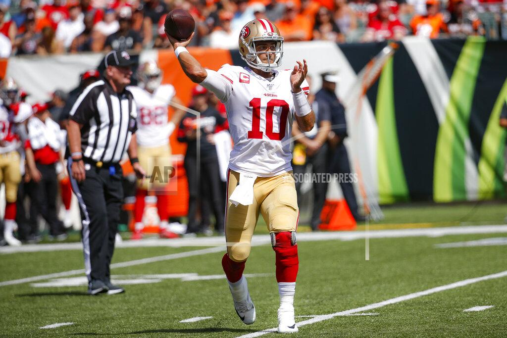 Frank Victores San Francisco 49ers quarterback Jimmy Garoppolo passes during the first half an NFL football game against the Cincinnati Bengals, Sunday, Sept. 15, 2019, in Cincinnati. (AP Photo/Frank Victores)