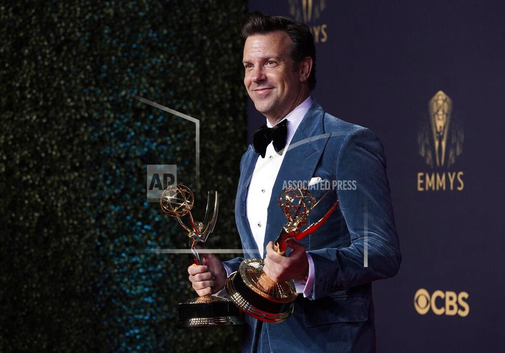 Chris Pizzello Jason Sudeikis poses for a photo with the award for outstanding lead actor in a comedy series for "Ted Lasso" at the 73rd Primetime Emmy Awards on Sunday, Sept. 19, 2021, at L.A. Live in Los Angeles. (AP Photo/Chris Pizzello)