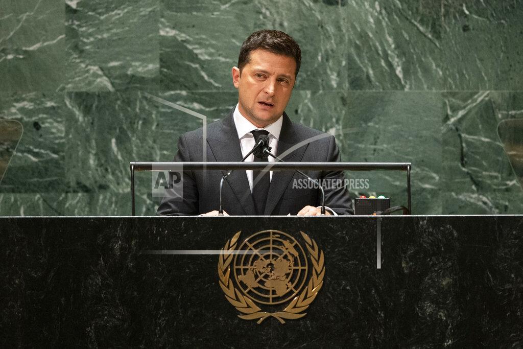 Eduardo Munoz Ukraine President Volodymyr Zelenskiy speaks during the 76th session of the United Nations General Assembly, Wednesday, Sept. 22, 2021, at UN headquarters. (Eduardo Munoz/Pool Photo via AP)