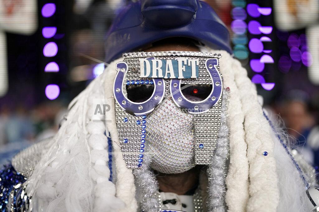 Jae C. Hong Indianapolis Colts fan Michael Hopson wears a costume with hist team's logo before the second round of the NFL football draft Friday, April 29, 2022, in Las Vegas. (AP Photo/Jae C. Hong)