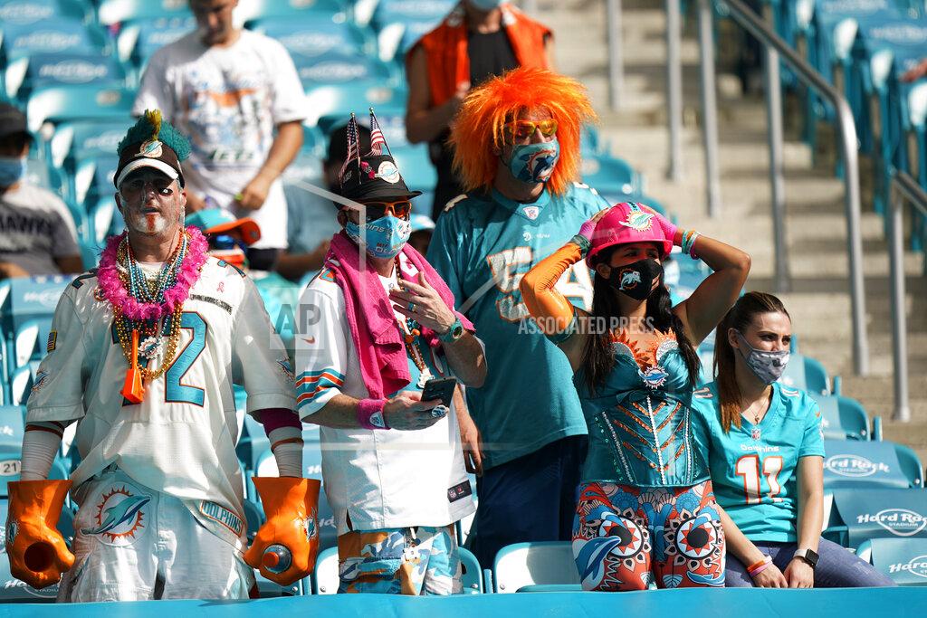 Wilfredo Lee Miami Dolphins fans react as the team falls further behind during the second half of an NFL football game against the Seattle Seahawks, Sunday, Oct. 4, 2020 in Miami Gardens, Fla. The Seahawks defeated the Dolphins 31-23.(AP Photo/Wilfredo Lee)