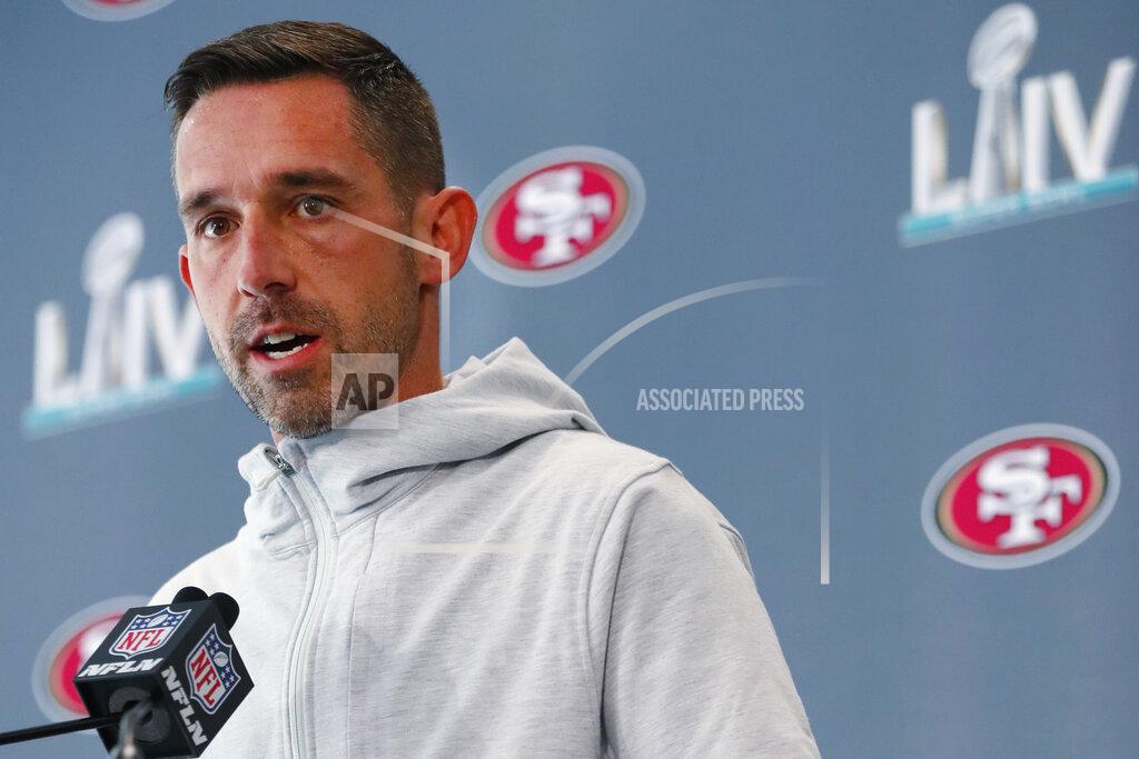 San Francisco 49ers head coach Kyle Shanahan speaks during a news conference for the NFL Super Bowl 54 football game, on Tuesday, Jan. 28, 2020, in Miami. (AP Photo/Wilfredo Lee)