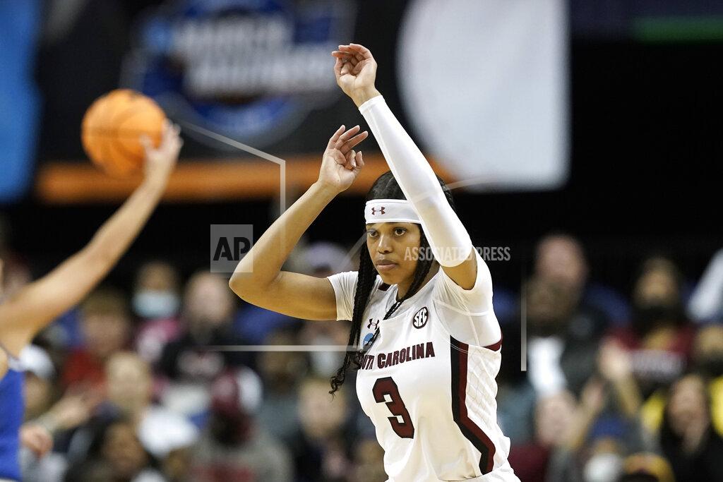 Gerry Broome South Carolina guard Destanni Henderson (3) reacts following a basket against Creighton during the first half of a college basketball game in the Elite 8 round of the NCAA tournament in Greensboro, N.C., Sunday, March 27, 2022. (AP Photo/Gerry Broome)