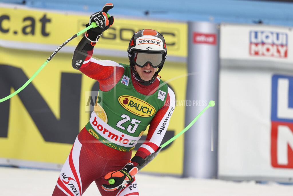 Luciano Bisi Austria's Raphael Haaser celebrates at the finish line during an alpine ski men's World Cup super-G, in Bormio, Italy, Wednesday, Dec. 29, 2021. (AP Photo/Luciano Bisi)