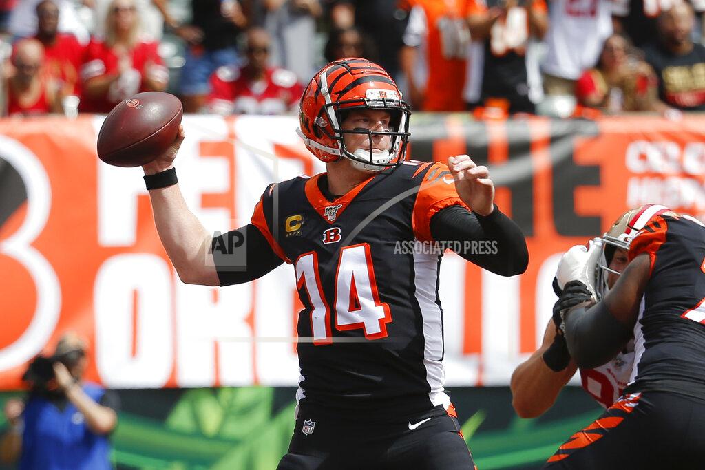 Frank Victores Cincinnati Bengals quarterback Andy Dalton passes during the first half an NFL football game against the San Francisco 49ers, Sunday, Sept. 15, 2019, in Cincinnati. (AP Photo/Frank Victores)