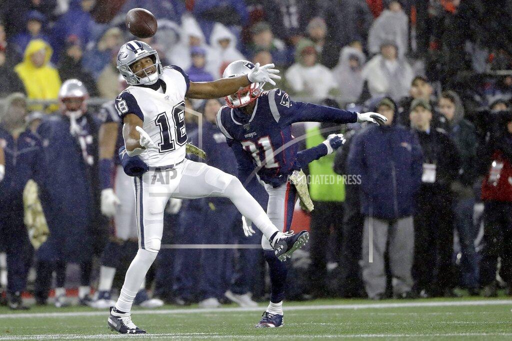 Steven Senne Dallas Cowboys wide receiver Randall Cobb can't catch a pass as New England Patriots defensive back Jonathan Jones, rear, defends in the first half of an NFL football game, Sunday, Nov. 24, 2019, in Foxborough, Mass. (AP Photo/Steven Senne)
