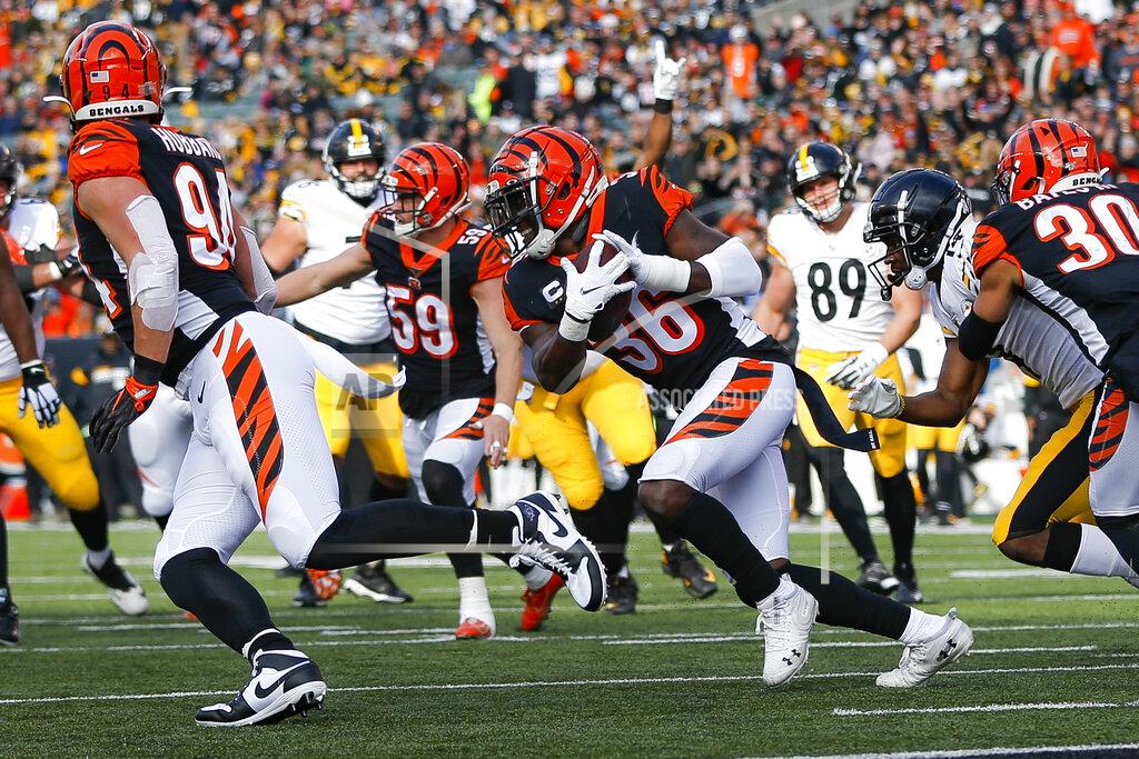 Frank Victores Cincinnati Bengals strong safety Shawn Williams (36) runs the ball after catching an interception off Pittsburgh Steelers quarterback Mason Rudolph (2) during the first half an NFL football game, Sunday, Nov. 24, 2019, in Cincinnati. (AP Photo/Frank Victores)