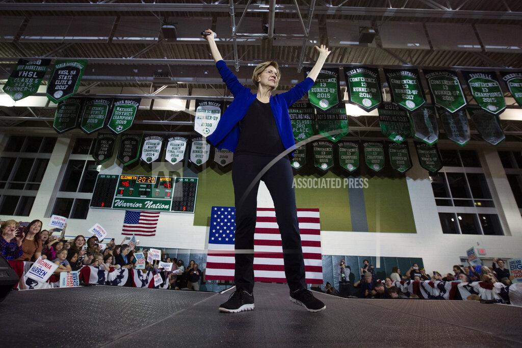 Democratic presidential candidate Sen. Elizabeth Warren, D-Mass., speaks to the crowd during a campaign rally at Wakefield High School, in Arlington, Va., Thursday, Feb. 13, 2020. (AP Photo/Jose Luis Magana)