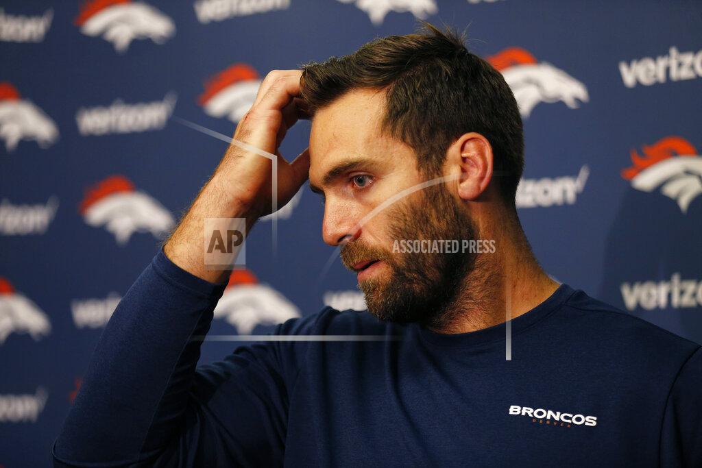 D. Ross Cameron Denver Broncos quarterback Joe Flacco answers questions during a news conference at the end of an NFL football game against the Oakland Raiders Monday, Sept. 9, 2019, in Oakland, Calif. Oakland won the game 24-16. (AP Photo/D. Ross Cameron)