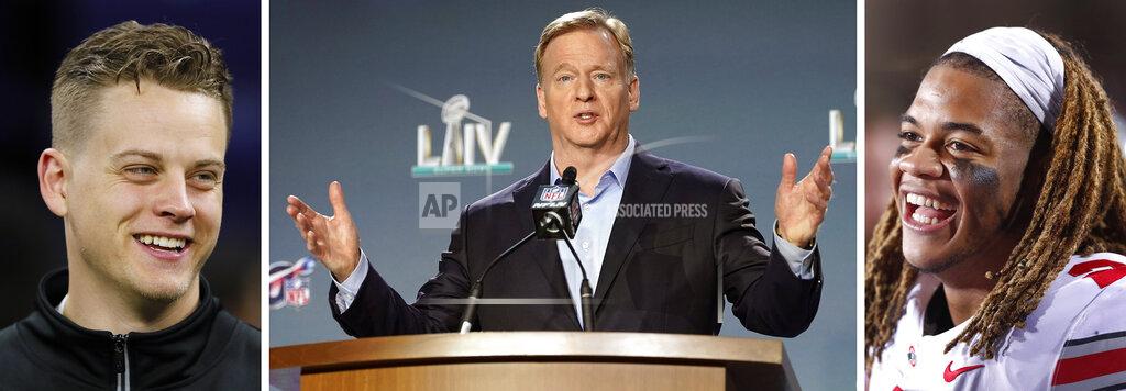 Uncredited FILE - From left is a Feb. 27, 2020, file photo showing LSU quarterback Joe Burrow at the NFL football scouting combine in Indianapolis, a Jan. 29, 2020, file photo showing NFL Commissioner Roger Goodell speaking at the Super Bowl in Miami, and an Oct. 18, 2019, file photo showing Ohio State defensive end Chase Young laughing on the sidelines during the second half of an NCAA college football game against Northwestern in Evanston, Ill. Goodell, who ordered all team facilities closed on March 26 and has extended that ban indefinitely, won't be sharing hugs with Joe Burrow or Chase Young or any of the other 32 NFL Draft first-rounders. He will offer congratulations remotely, but otherwise this will be the barest of drafts. (AP Photo/File)