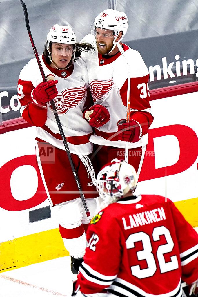 Nam Y. Huh Detroit Red Wings left wing Tyler Bertuzzi, top left, celebrates with right wing Anthony Mantha after scoring a goal as Chicago Blackhawks goalie Kevin Lankinen (32) looks on during the second period of an NHL hockey game in Chicago, Sunday, Jan. 24, 2021. (AP Photo/Nam Y. Huh)