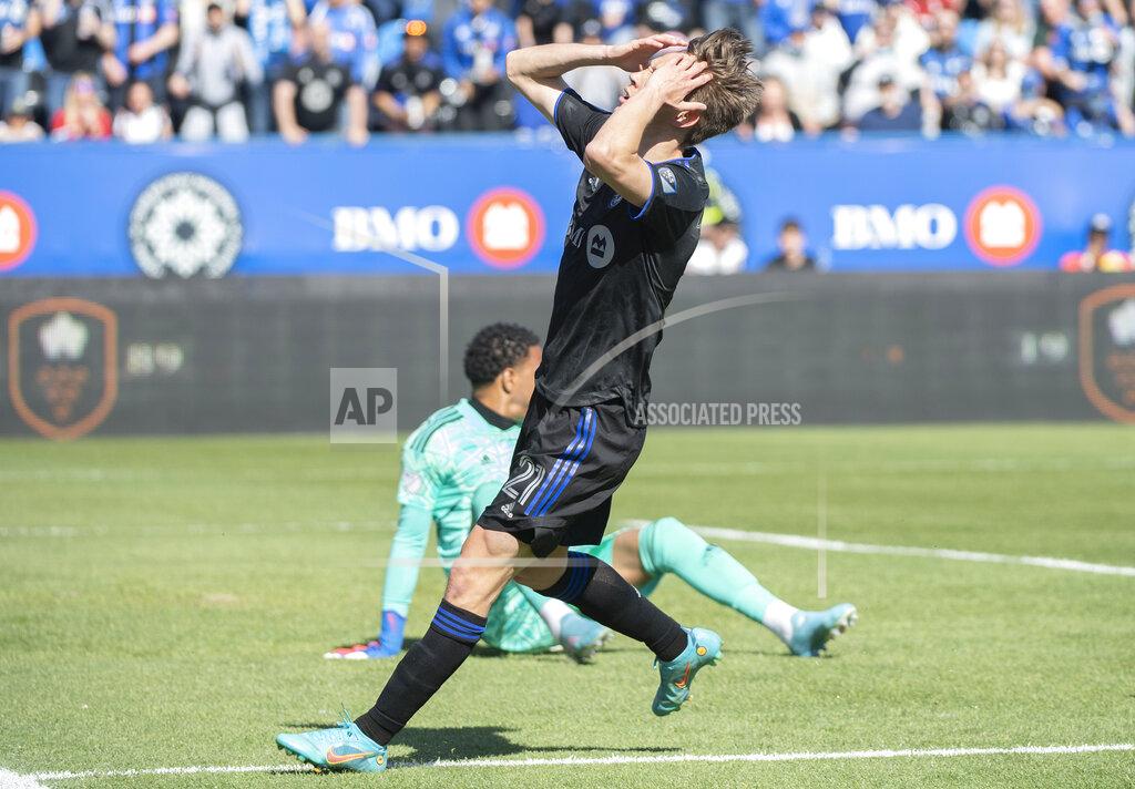 Graham Hughes CF Montreal's Lassi Lappalainen reacts after missing a shot on goal against Orlando City during the first half of an MLS soccer game in Montreal, Saturday, May 7, 2022. (Graham Hughes/The Canadian Press via AP)