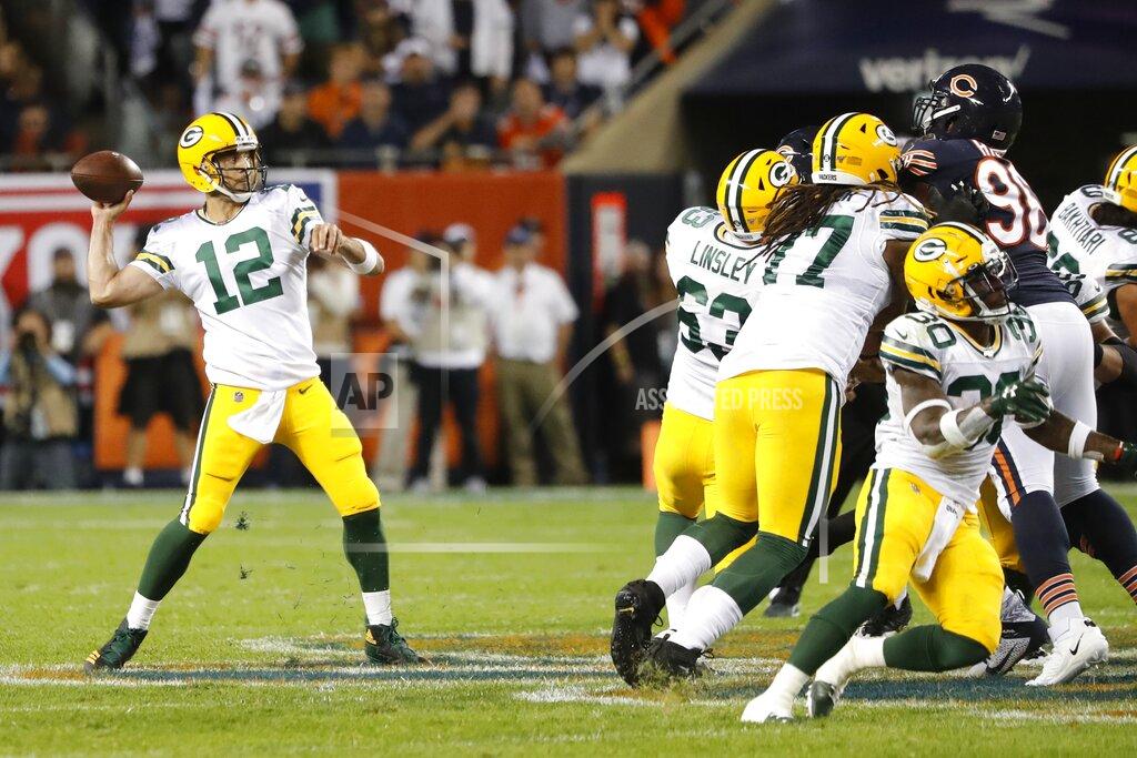 Charles Rex Arbogast Green Bay Packers' Aaron Rodgers throws during the first half of an NFL football game against the Chicago Bears Thursday, Sept. 5, 2019, in Chicago. (AP Photo/Charles Rex Arbogast)